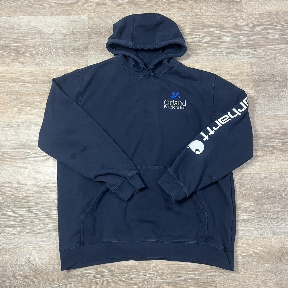 Carhartt Hoodie Mens XL Navy Blue Loose Fit Orland Builders Work Sweatshirt